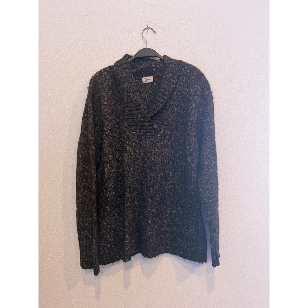 LL Bean Womens Marled Brown Shawl Collar Button Knit Sweater Pullover